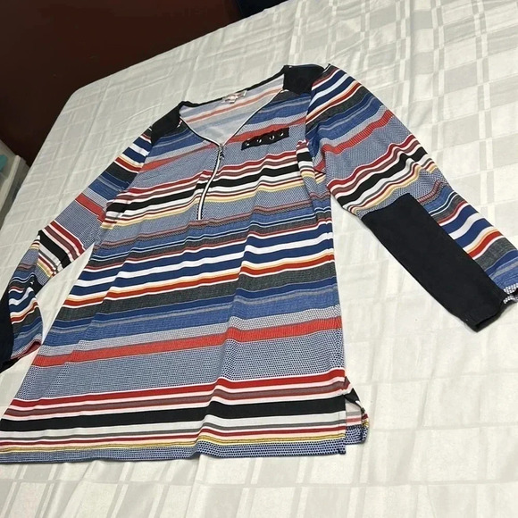 LE GRENIER striped blouse,front 3/4 zip,faux laced pocket, velvet  patches. - Picture 11 of 12